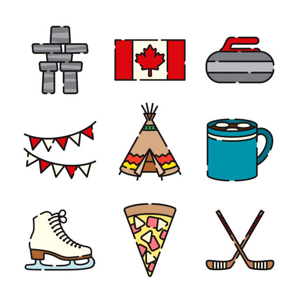 illustrazioni stock, clip art, cartoni animati e icone di tendenza di set di icone canada thin line - north american tribal culture teepee winter canada