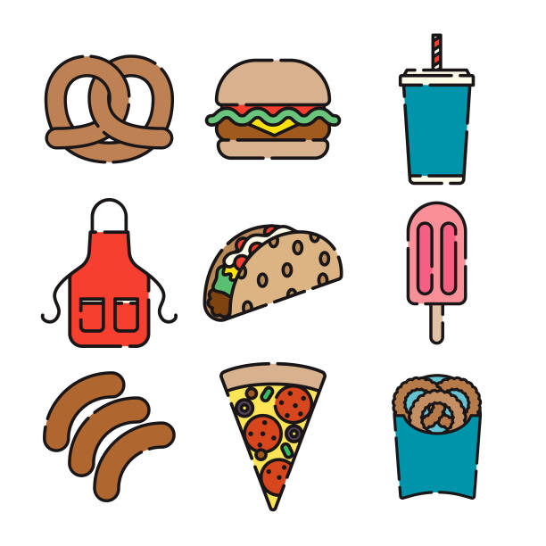 illustrations, cliparts, dessins animés et icônes de restauration rapide thin line icon set - pretzel isolated bread white background