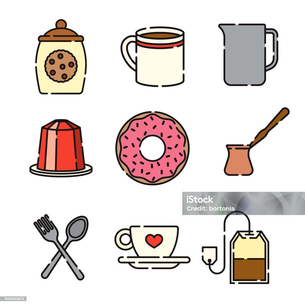 Coffee Thin Line Icon Set A set of 25 color thin line coffee icons. File is built in the CMYK color space for optimal printing, and can easily be converted to RGB. Color swatches are global for quick and easy color changes throughout the entire set of icons. Coffee Cup stock vector
