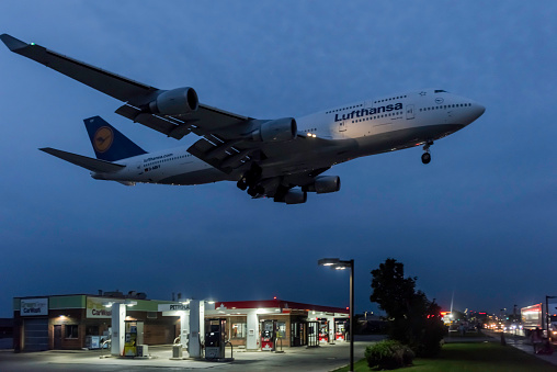Toronto, Canada - August 24, 2018: An airplane is landing Pearson International airport.