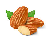 Realistic almond nuts on white background.