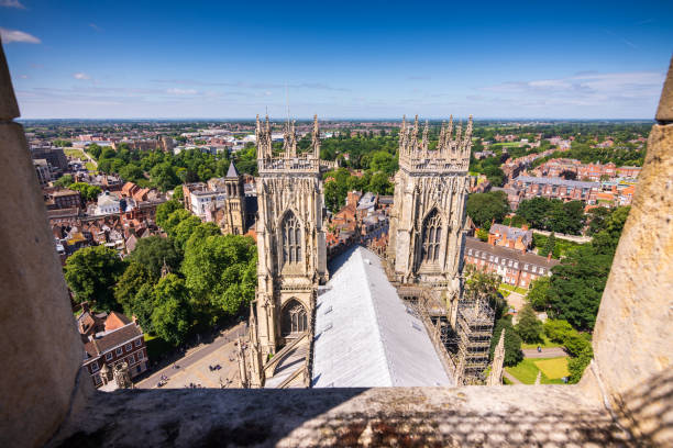 View of York from on top York Minster Cathedral tower in York, UK Situated in the town of York in England, this amazing building has been around for over 1000 years. Shot from on top of the tower. york yorkshire stock pictures, royalty-free photos & images