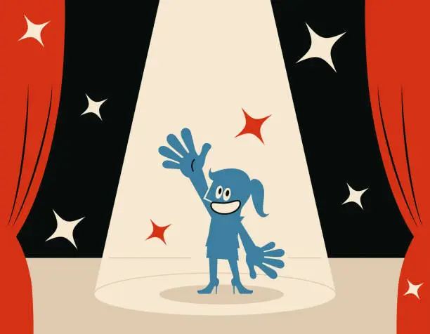 Vector illustration of Smiling blue woman (Host) on stage with spotlight
