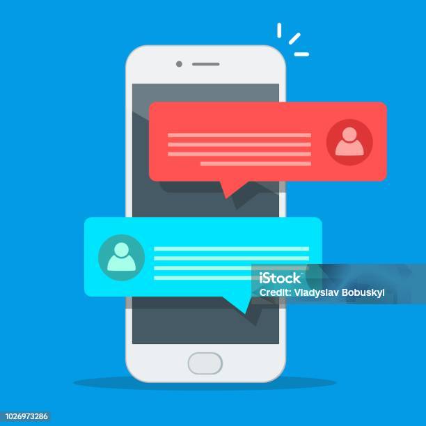 Chat Messages Notification On Smartphone Vector Illustration Flat Cartoon Sms Bubbles On Mobile Phone Screen Man Person Chatting On Cellphone With Woman Isolated Stock Illustration - Download Image Now