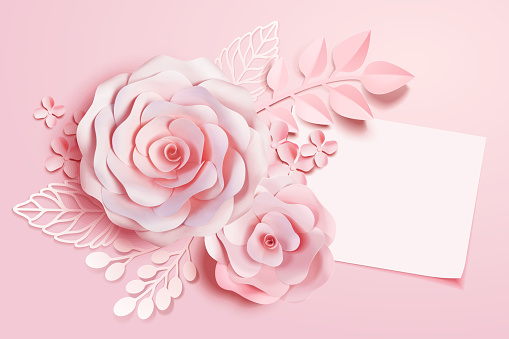 Elegant floral paper art with blank note in pink tone, 3d illustration