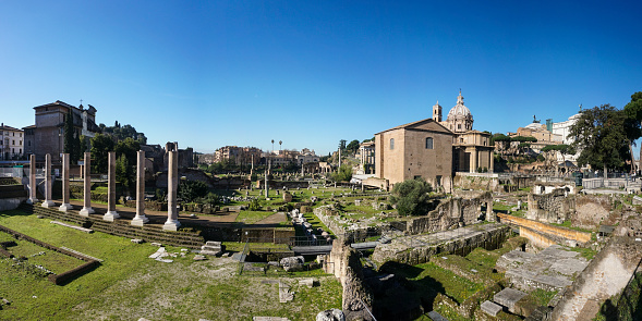 The Roman Forum, also known by its Latin name Forum Romanum (Italian: Foro Romano), is a forum (plaza) surrounded by the ruins of several important ancient government buildings at the center of the city of Rome.