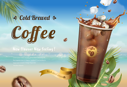 Cold brew coffee ads on summer resort beach in 3d illustration