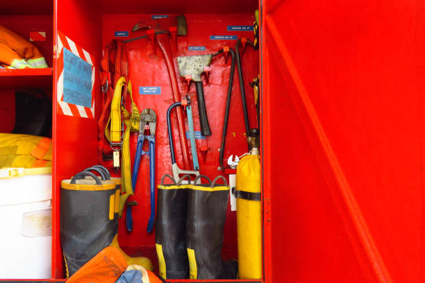 istock Firefighter equipment prepare for operation in cabinet. 1027002956