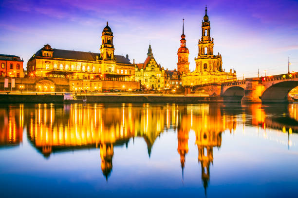 Dresden, Germany Dresden, Germany. Cathedral of the Holy Trinity or Hofkirche, Bruehl's Terrace. Twilight sunset on Elbe river in Saxony. dresda stock pictures, royalty-free photos & images