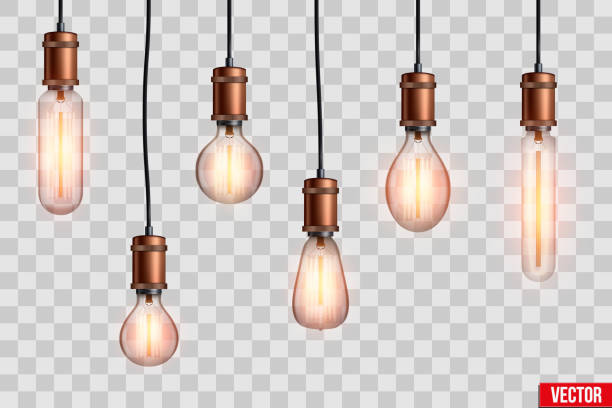 Retro edison light bulb set Decorative Retro design edison light bulb set. Lamps of different shapes. Vintage and antique style with copper. For loft and cafe. Vector Illustration isolated on transparent background. turning on lamp stock illustrations
