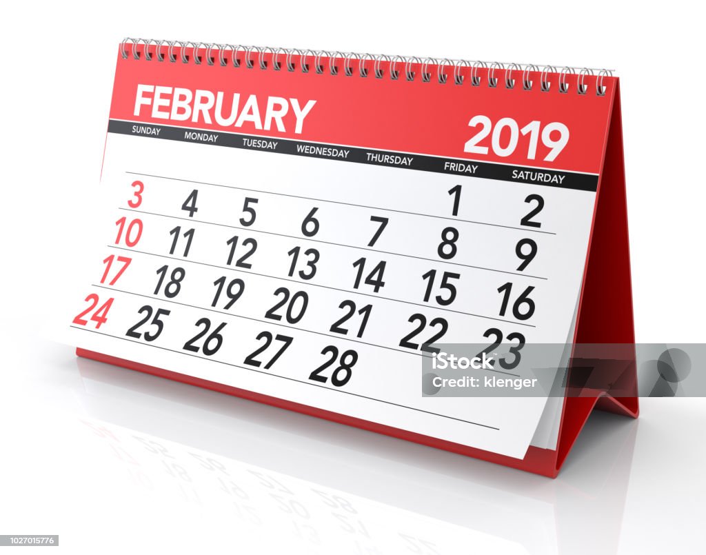 February 2019 Calendar February 2019 Calendar. Isolated on White Background. 3D Illustration Calendar Stock Photo