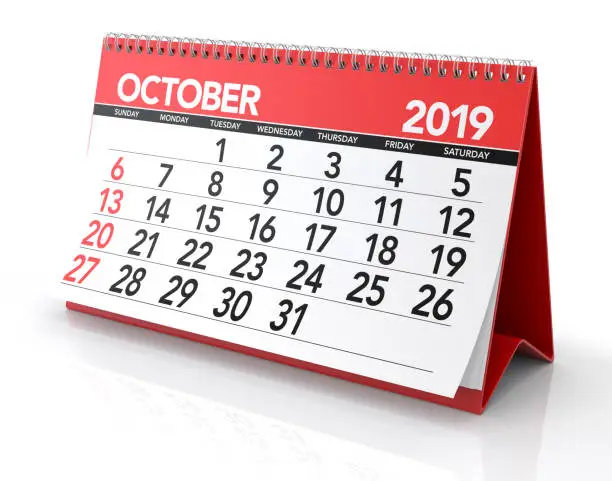 October 2019 Calendar. Isolated on White Background. 3D Illustration