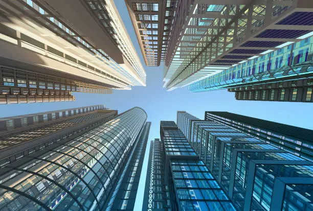 Vertical view of modern skyscrapers in business district against blue sky. 3d illustration