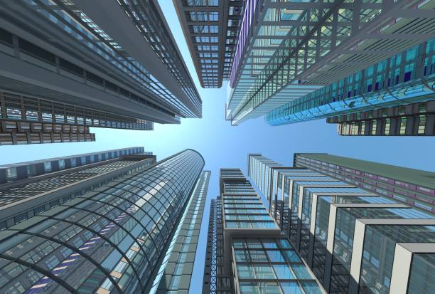 istock Vertical view of modern skyscrapers in business district against blue sky. 1027015886