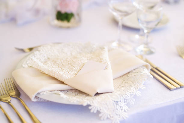 istock Beautiful table set up - white cloth napkin and a plate 1027016582