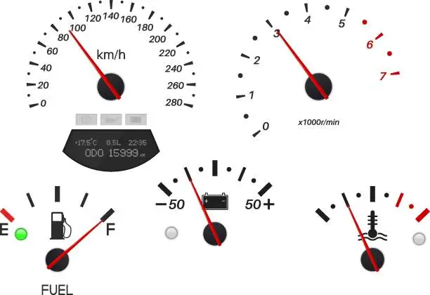 Vector illustration of Car dashboard scales. Fuel gauge, speedometer, tachometer, temperature indicator