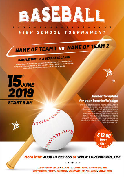 Baseball tournament poster template with ball and bat Baseball tournament poster template with ball and bat - sample text in separate layer. Vector illustration. baseball homerun stock illustrations