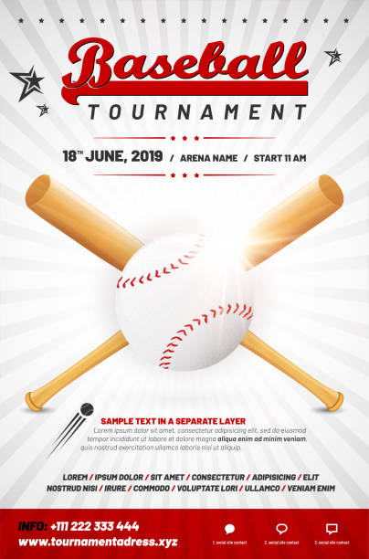 illustrazioni stock, clip art, cartoni animati e icone di tendenza di modello poster torneo baseball con palla e pipistrelli incrociati - palla da baseball