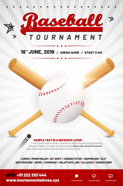 Vector illustration of Baseball tournament poster template with ball and crossed bats