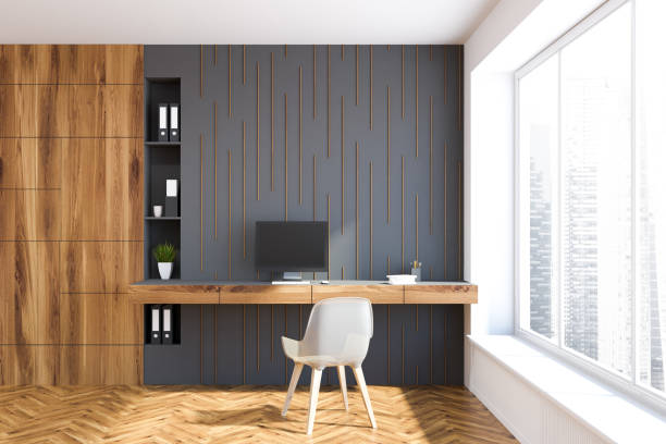 istock Loft home office interior, gray walls 1027027080
