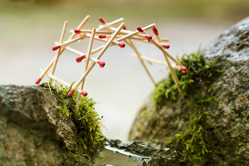 self-supporting bridge by leonardo da vinci built from matches over mossy rocks