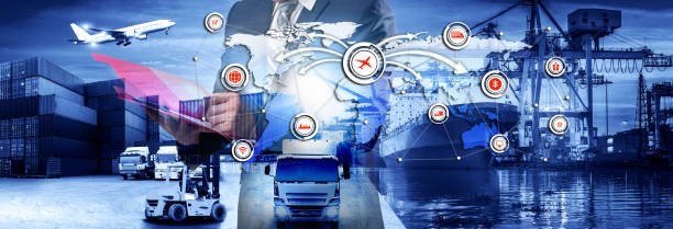 istock World map with logistic network distribution on background. Logistic and transport concept in front Logistics Industrial Container Cargo freight ship for Concept of fast or instant shipping, Online goods orders worldwide 1027033902