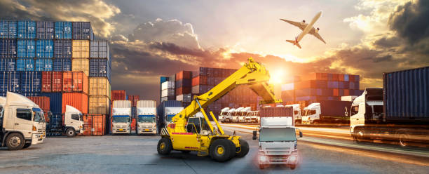 istock Logistics and transportation of Container Cargo ship and Cargo plane with working crane bridge in shipyard at sunrise, logistic import export and transport industry background 1027033916