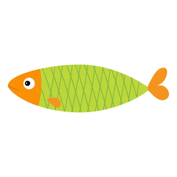 Vector illustration of Cute cartoon fish icon set. Isolated. Baby kids collection. Colorful green orange aquarium animal. White background. Flat design.