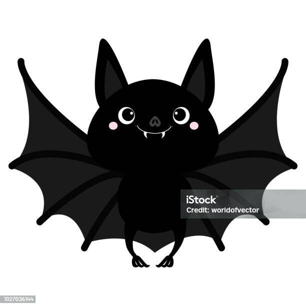 Bat Flying Cute Cartoon Baby Character With Big Open Wing Ears Legs Happy Halloween Black Silhouette Forest Animal Flat Design White Background Isolated Greeting Card Stock Illustration - Download Image Now