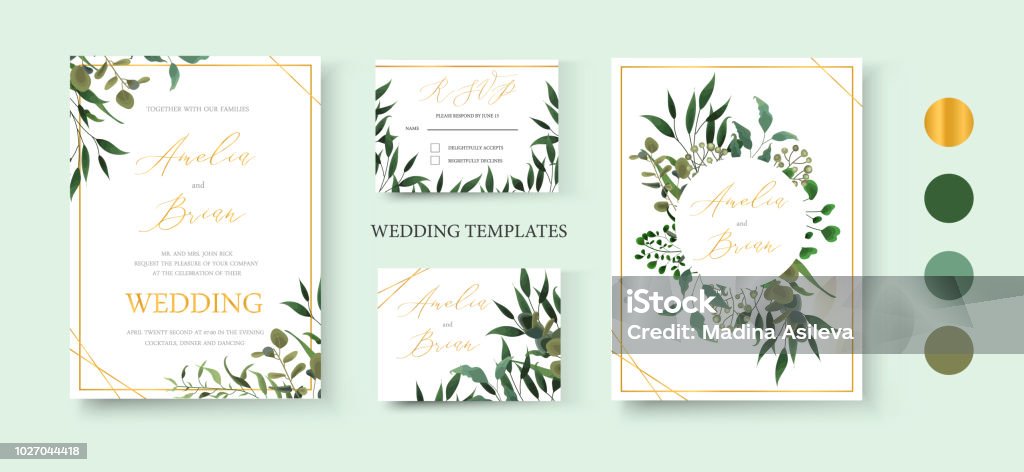 Wedding floral golden invitation card save the date rsvp design Wedding floral golden invitation card save the date rsvp design with green tropical leaf herbs eucalyptus wreath and frame. Botanical elegant decorative vector template watercolor style Wedding stock vector