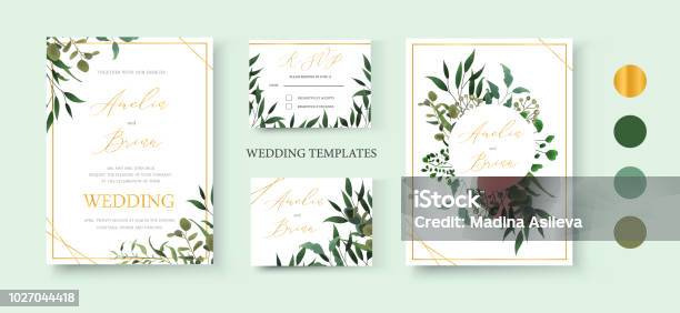 Wedding Floral Golden Invitation Card Save The Date Rsvp Design Stock Illustration - Download Image Now