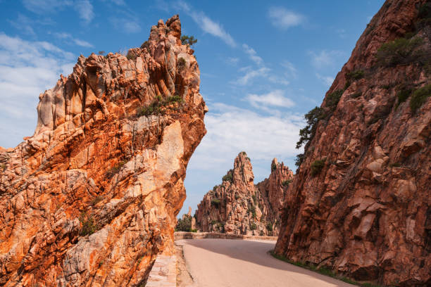 Mountain road in Calanques de Piana. Corsican red rocks located in Piana, between Ajaccio and Calvi, in the gulf of Porto