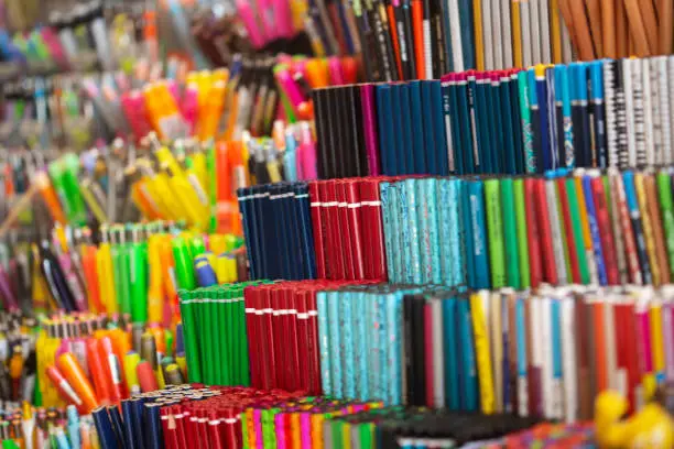 Close up shot of pens/pencils in the stationary store.