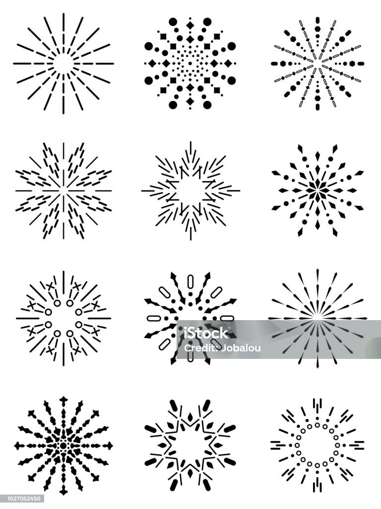 Set of Sparks Abstract Radiant Sun Vector illustration with a beautiful collection of several abstract star or sparks or abstract radiant suns. Snowflake Shape stock vector