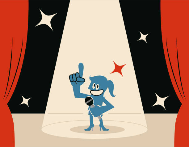 Smiling blue woman (Host) on stage with microphone and spotlight Blue Little Guy Characters Full Length Vector art illustration.Copy Space.
Smiling blue woman (Host) on stage with microphone and spotlight. game show host stock illustrations