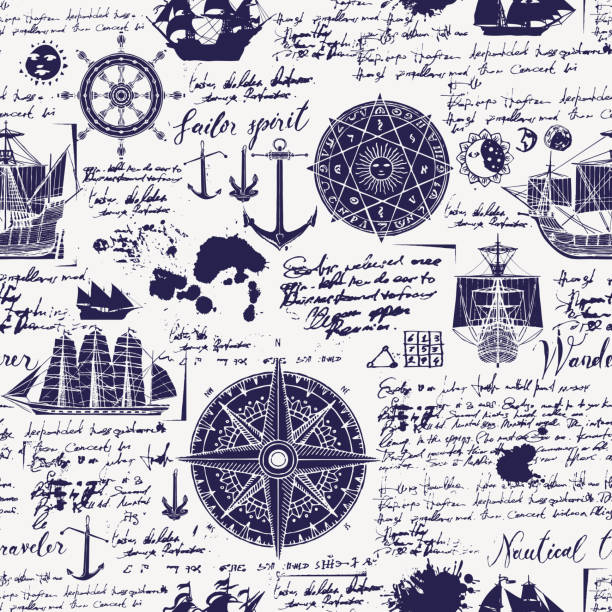 vintage seamless background on the theme of travel Vector abstract seamless background on the theme of travel, adventure and discovery. Old manuscript with caravels, wind rose, anchors and other nautical symbols with blots and stains in vintage style ancient writing tool stock illustrations