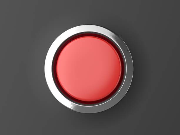 botão vermelho brilhante, com elementos metálicos isolados no fundo preto - push buttons - fotografias e filmes do acervo