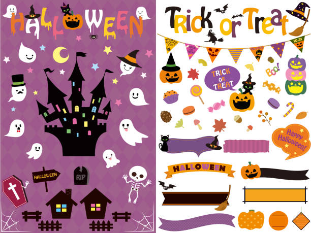 halloween design9 - halloween witch domestic cat frame stock-grafiken, -clipart, -cartoons und -symbole