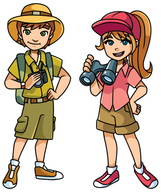 illustrations, cliparts, dessins animés et icônes de illustration de kids aventure - discovery binoculars boy scout searching