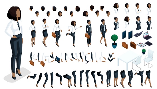 Large isometric Set of hand gestures and legs of African American woman 3d business lady. Create your isometric office worker for vector illustrations.