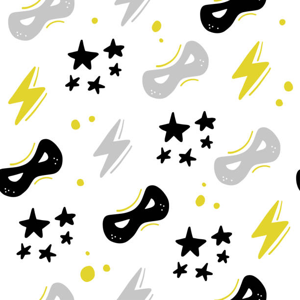 Vector seamless pattern with stars, super hero mask, lightning in hand drawn comic style. Vector seamless pattern with stars, super hero mask, lightning in hand drawn comic style. Doodling, doodle. Nursery. Good for packaging design, children's room interior decor, kid clothes prints. superhero designs stock illustrations