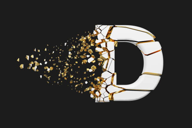 istock Broken shattered alphabet letter D uppercase. Crushed white and gold font. 3D render isolated on grey background. 1027078884
