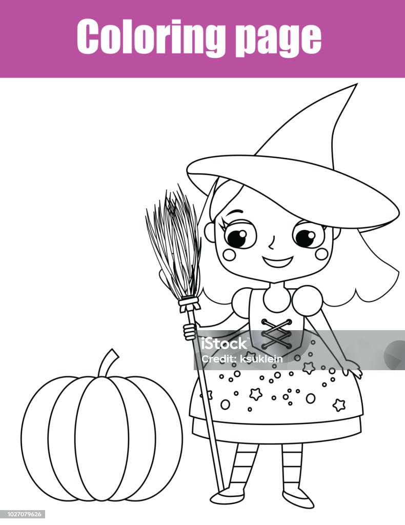 Coloring page. Halloween witch. Educational children game. Drawing kids printable activity. Coloring page Halloween witch. Educational children game. Drawing printable activity for kids, toddlers Halloween stock vector