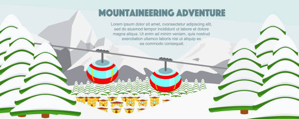 istock Ski resort, cable lift flat vector illustration. Alps, small village, fir trees, mountains wide panoramic background. Ski hills, winter web banner design cartoon elements. 1027082194