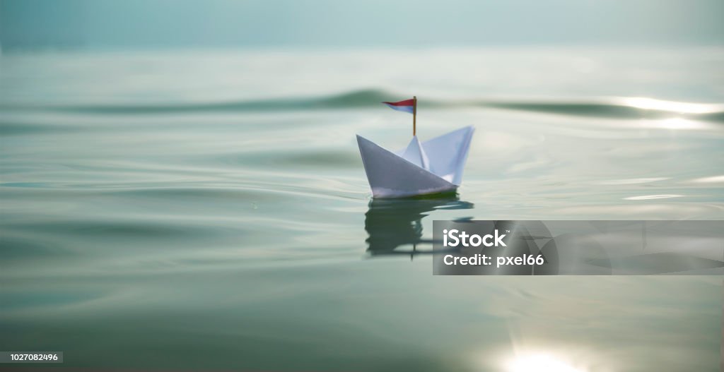 Paper Boat Panorama Paper Boat Sundown at Sea Ferry Stock Photo