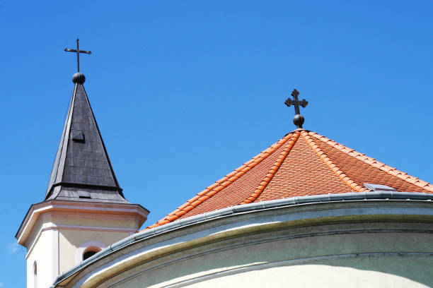 Two Crosses of the Temple. Top view with sky background in a lovely countryside village.