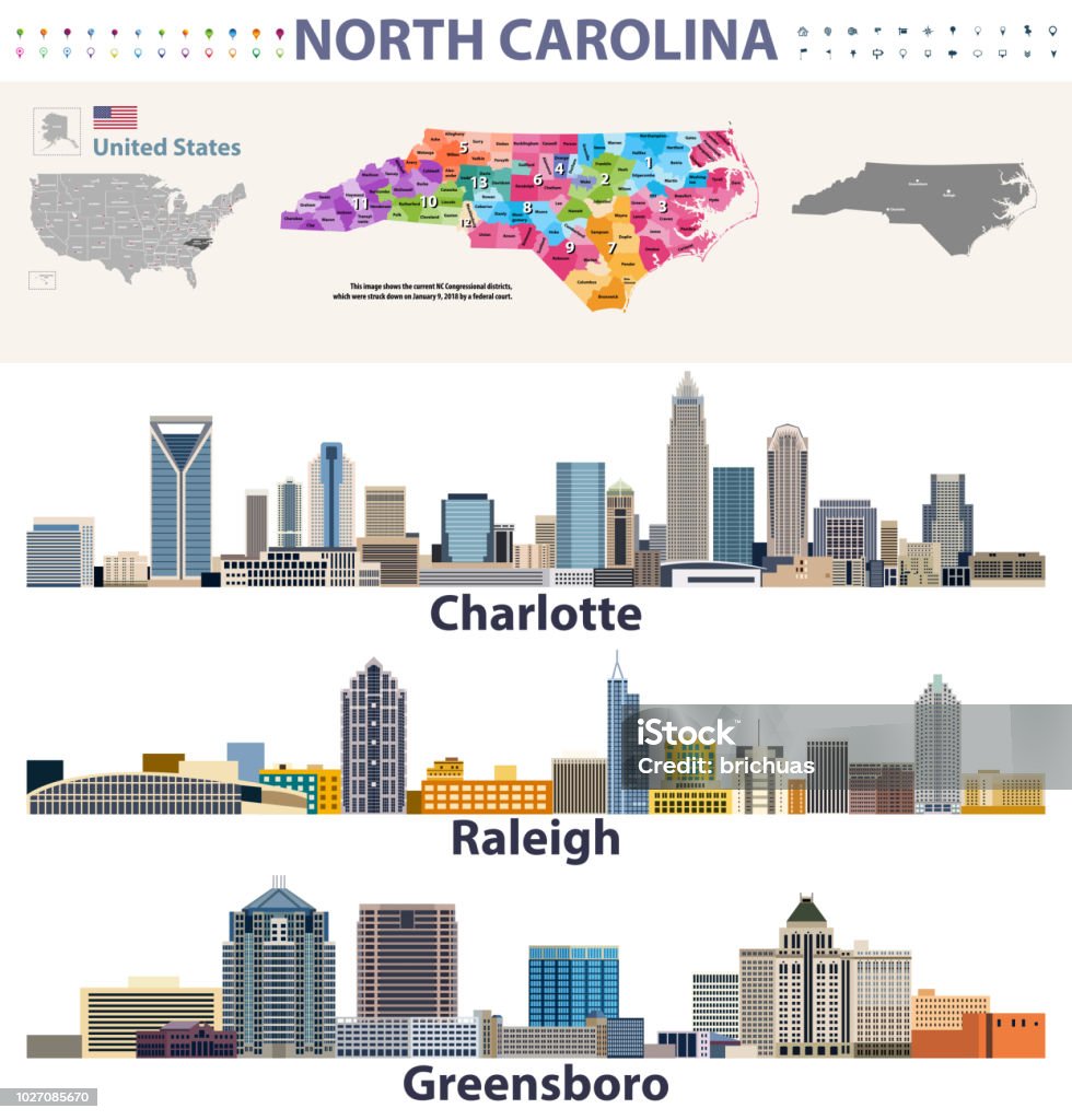 vector congressional districts map and major cities skylines of North Carolina Raleigh - North Carolina stock vector