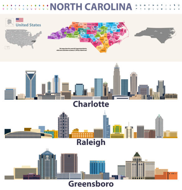 vector congressional districts map and major cities skylines of North Carolina vector congressional districts map and major cities skylines of North Carolina raleigh north carolina stock illustrations