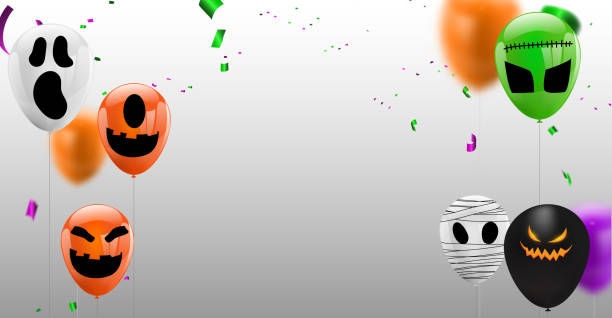 istock Red balloons, confetti concept design balloons Halloween Carnival greeting background. Celebration Vector illustration. 1027086300