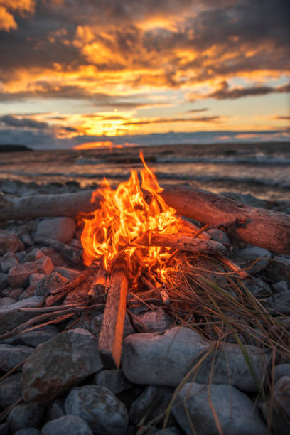 istock fire burns near the sea 1027093260
